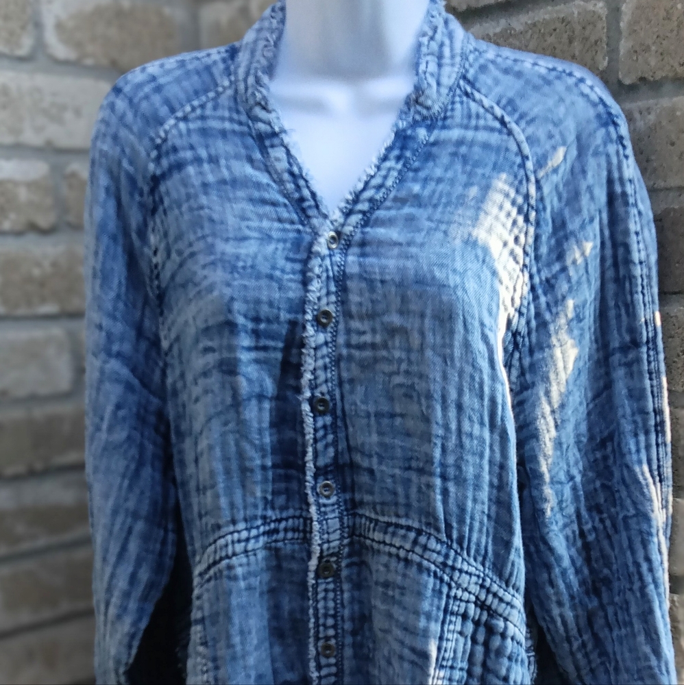 Blue Button-Up Distressed Shirt